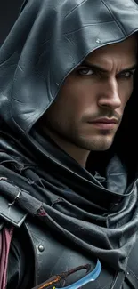 Dark hooded warrior with intense gaze.