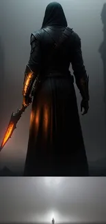 Hooded warrior with glowing sword in dark setting mobile wallpaper.