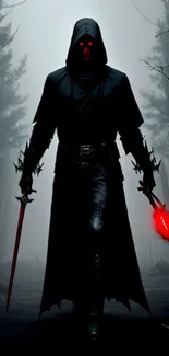 Hooded warrior with glowing eyes in dark forest wallpaper.