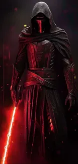 Dark hooded warrior with red glow on mobile wallpaper.