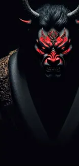 Dark horned demon with red eyes on a black background.