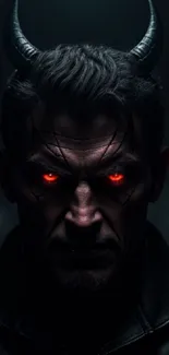 Dark horned figure with glowing red eyes, intense and mysterious.