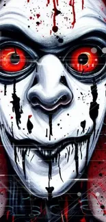 Creepy face with red eyes and dripping effects on dark background.