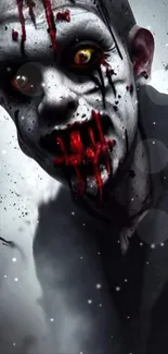 Scary zombie with blood-streaked face on dark wallpaper.