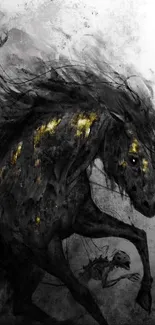 Black horse in abstract style with fantasy elements on a dark and mysterious background.