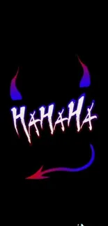 Dark wallpaper with 'HAHAHA' and devil horns in neon colors.