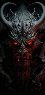 Dark demonic figure with fiery red eyes on a black background.