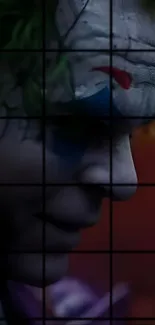Dark jester face with painted features, grid effect, deep shadows.