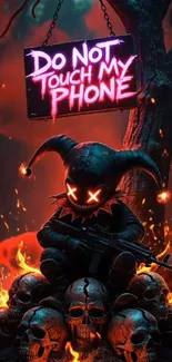 Dark jester with neon sign and skulls wallpaper