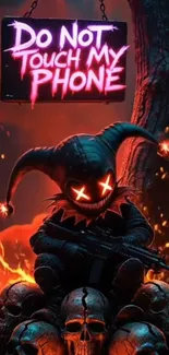 Dark jester holding a gun with fiery skulls.