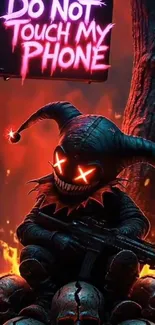 Sinister jester with glowing eyes, fiery background, and warning text.