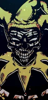 Dark jester skull wallpaper with yellow highlights.