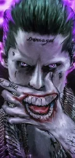 Artistic depiction of a dark villain with an intense, creepy look and purple highlights.