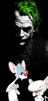 Dark Joker with green hair and cartoon mice on black background.