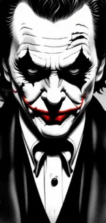 Striking black and white Joker art with red accents, perfect for mobile wallpaper.