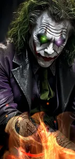 Artistic mobile wallpaper of the Joker in dark, vibrant colors.