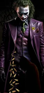 Joker in dark purple suit with bullets on a mobile wallpaper design.