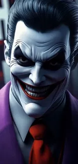 Dark and sinister Joker smiling portrait on wallpaper.