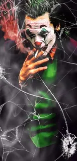 Joker smoking in green suit with dark background