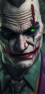 Joker themed mobile wallpaper with vivid green eyes and dark design elements.