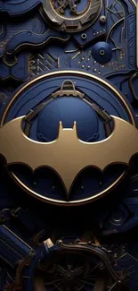 Batman emblem with mechanical details in dark hues.