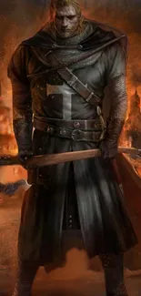 Dark knight in armor with fiery background, holding a weapon.