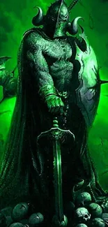 Dark knight stands with a sword and shield against a green backdrop.