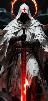 Dark knight with fiery aura and red sword.