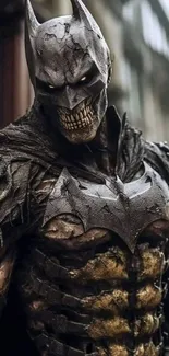 Gritty Dark Knight with textured armor in a cinematic setting.