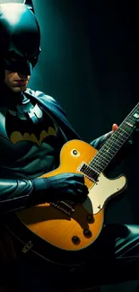 Batman playing electric guitar under spotlight in dark ambiance.