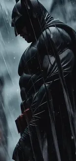 Dark Knight standing in rain with city backdrop.