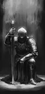 Black and white medieval knight image in dramatic lighting with sword.