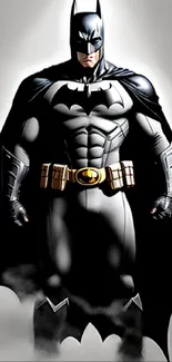 Batman in heroic pose with black cape and detailed armor.