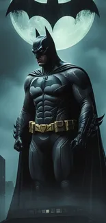 Dark Knight stands against a moonlit sky with a cityscape.