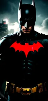 Batman in iconic stance with bat symbol glowing red.