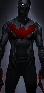 Dark Knight with black suit and red highlights in mobile wallpaper.