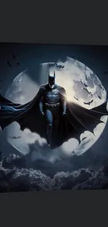 Dark Knight in cape against moonlit sky with bats and clouds.