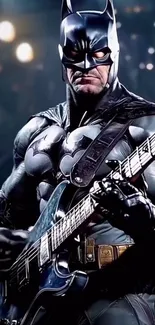 Superhero playing guitar in dynamic scene.