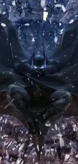 Dark Knight crouching in a snowy night setting wallpaper.