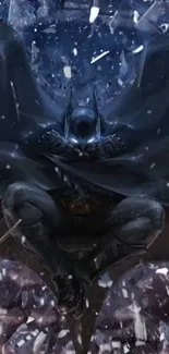 Dark Knight in a snowy night scene with a flowing cape.