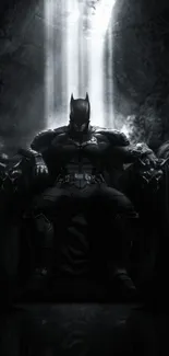 Batman in a shadowy cave setting, seated on a gothic throne.