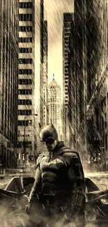 Dark knight stands in rainy urban street, sepia tone wallpaper.