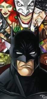 Batman surrounded by iconic comic villains in vibrant collage.