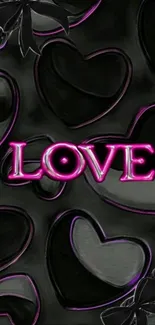 Dark themed wallpaper with black hearts and pink love text.