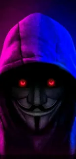 Hooded figure with neon colors and red eyes on dark wallpaper.