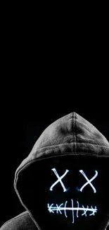 Masked figure with neon light eyes on a dark background.