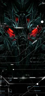 Dark mechanical wallpaper with red eyes in futuristic style.