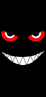 Dark wallpaper with bold red eyes and a sinister grin on a black background.