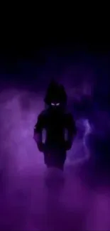 A shadowy figure emerges from a dark purple mist, creating a mysterious ambiance.