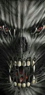 Dark monster with haunting eyes and fierce teeth on a dramatic wallpaper.